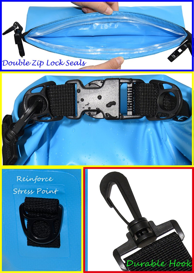 Freegrace Waterproof Dry Bags Set of 3 Dry Bag with 2 Zip Lock Seals & Detachable Shoulder Strap, Waist Pouch & Phone Case - Can Be Submerged Into Water - for Swimming (Sky Blue, 5L) - Image 3